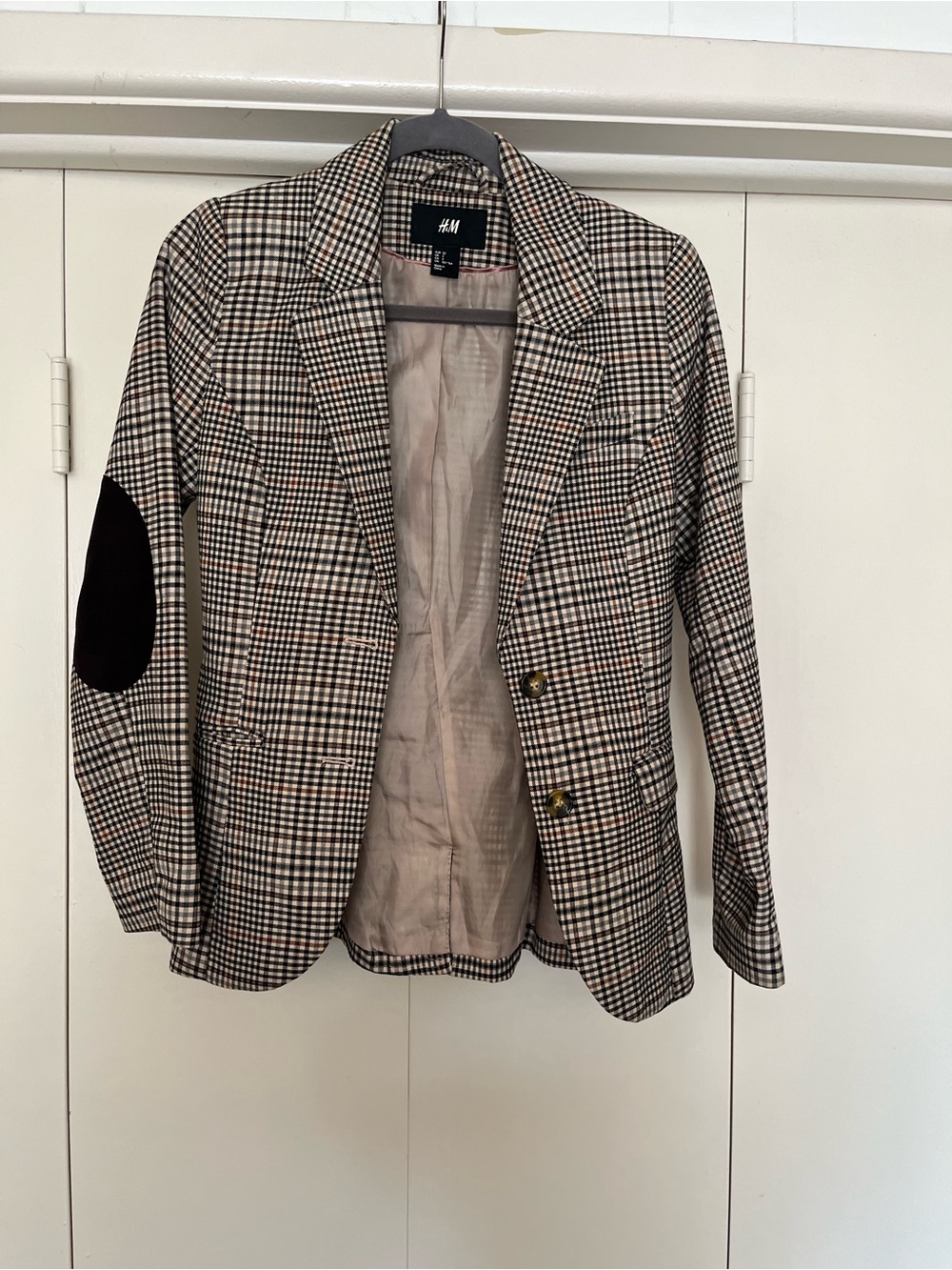 H&M Plaid Blazer with Black Elbow Patches - Brown/Black/Cream